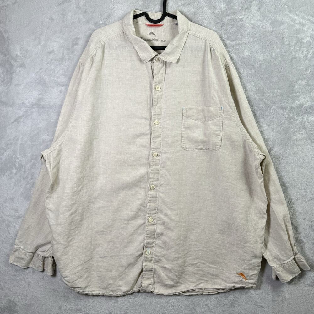 Tommy Bahama Button Up Shirt Men's XXL Linen‎ Cream Tropical Breathable Pocket